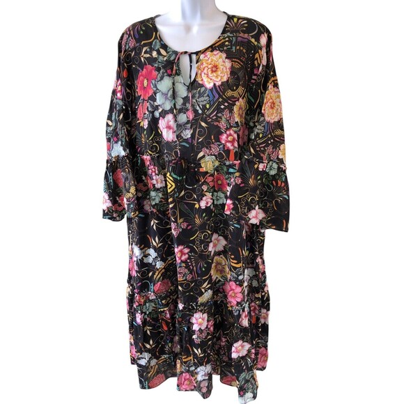 JOHNNY WAS Peace Ruffle Tiered Midi Dress in Black Floral Print Sz XL - Picture 1 of 12